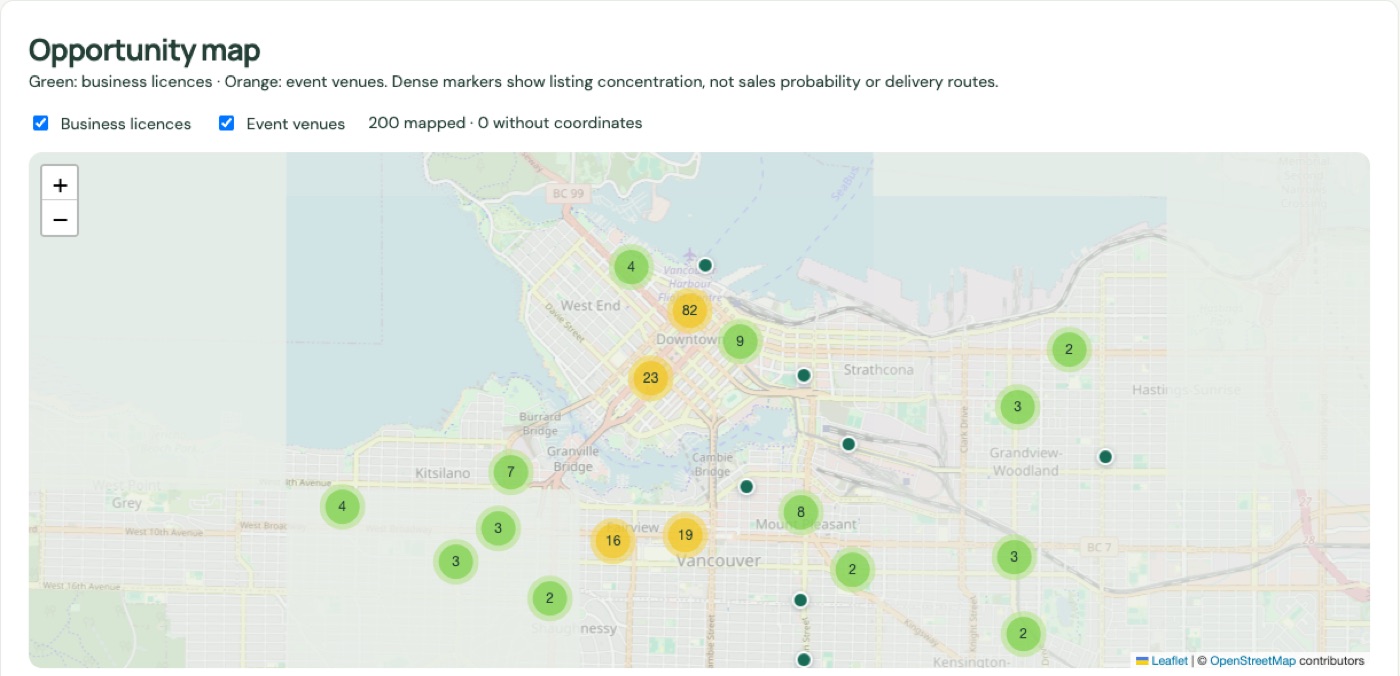Opportunity Radar map of Vancouver with clustered markers for newly licensed businesses and upcoming event venues.